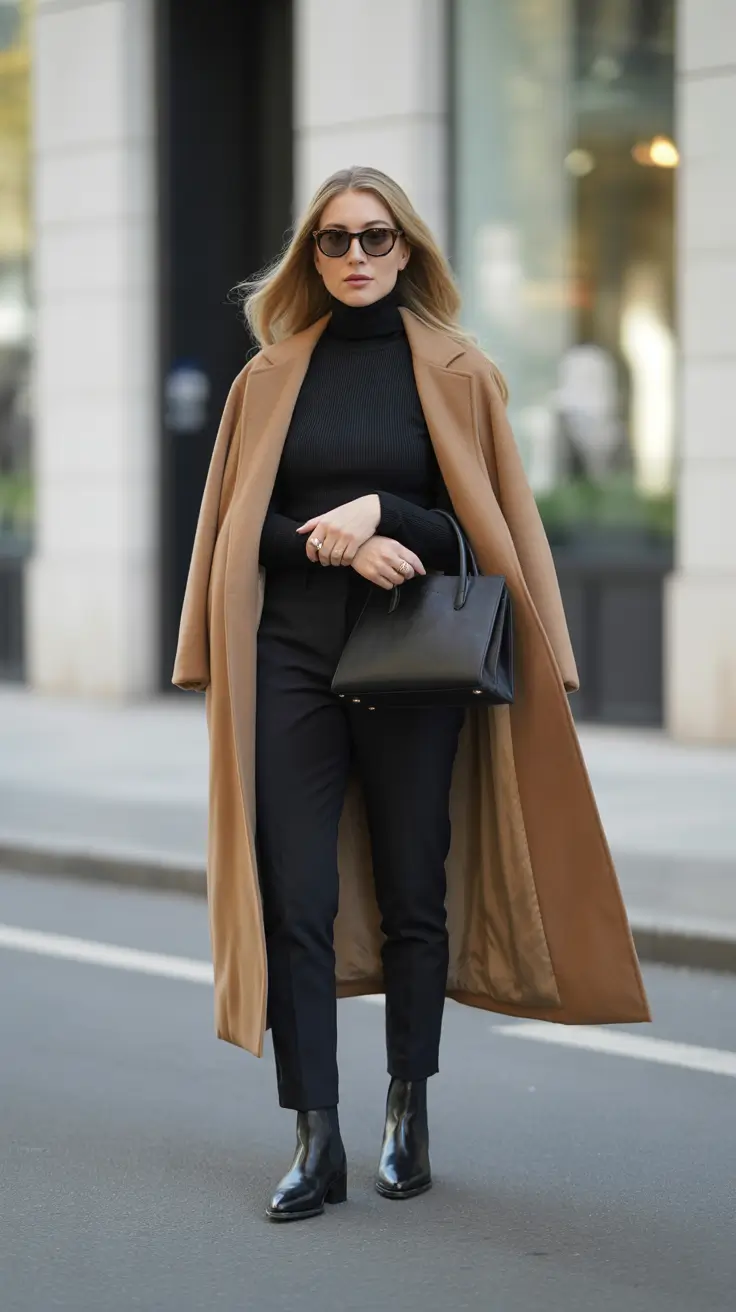 old money outfits for women 2026 Camel Coat + Black Turtleneck - The Quiet-Luxury Uniform