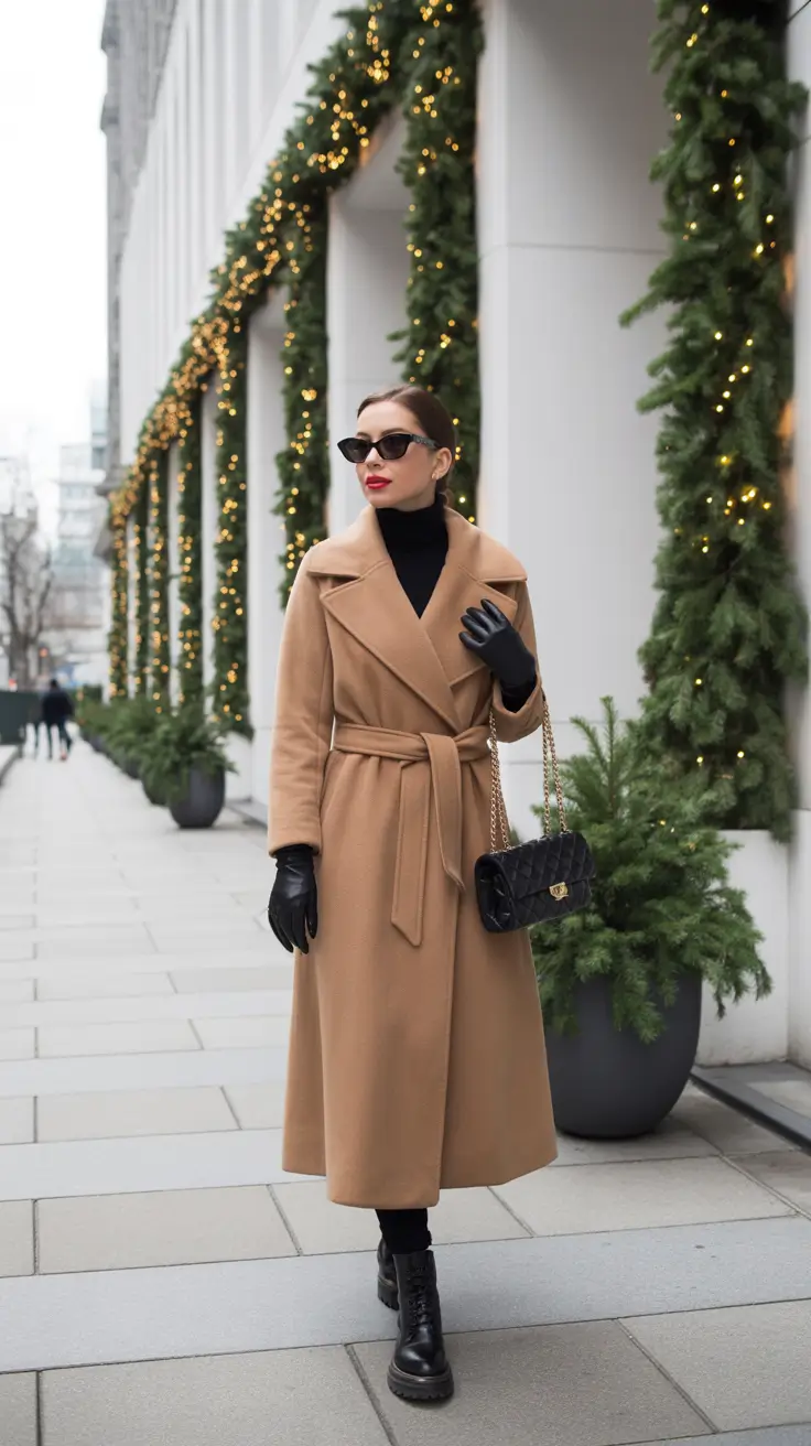 old money outfits for women 2026 Belted Camel Wrap - Holiday Sidewalk Chic