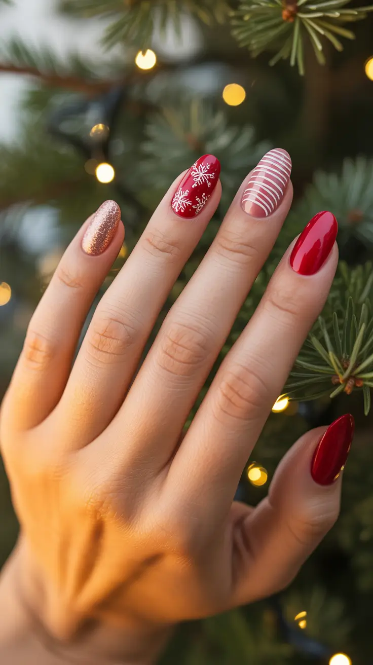 Cute Pink Christmas Nails 2025 - Candy-Cane Almond With Rose-Gold Sparkle