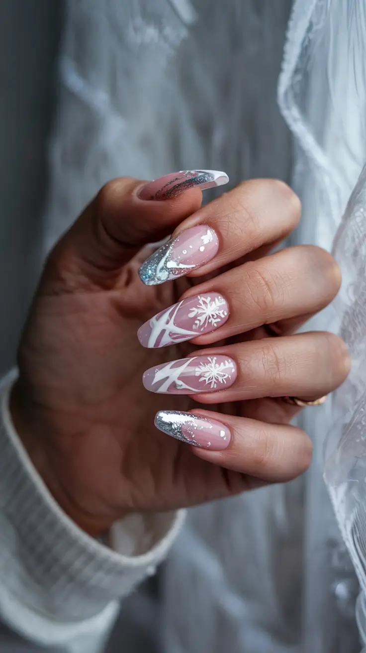 Cute Pink Christmas Nails 2025 - Frosted Silver Tips and White Snowflakes