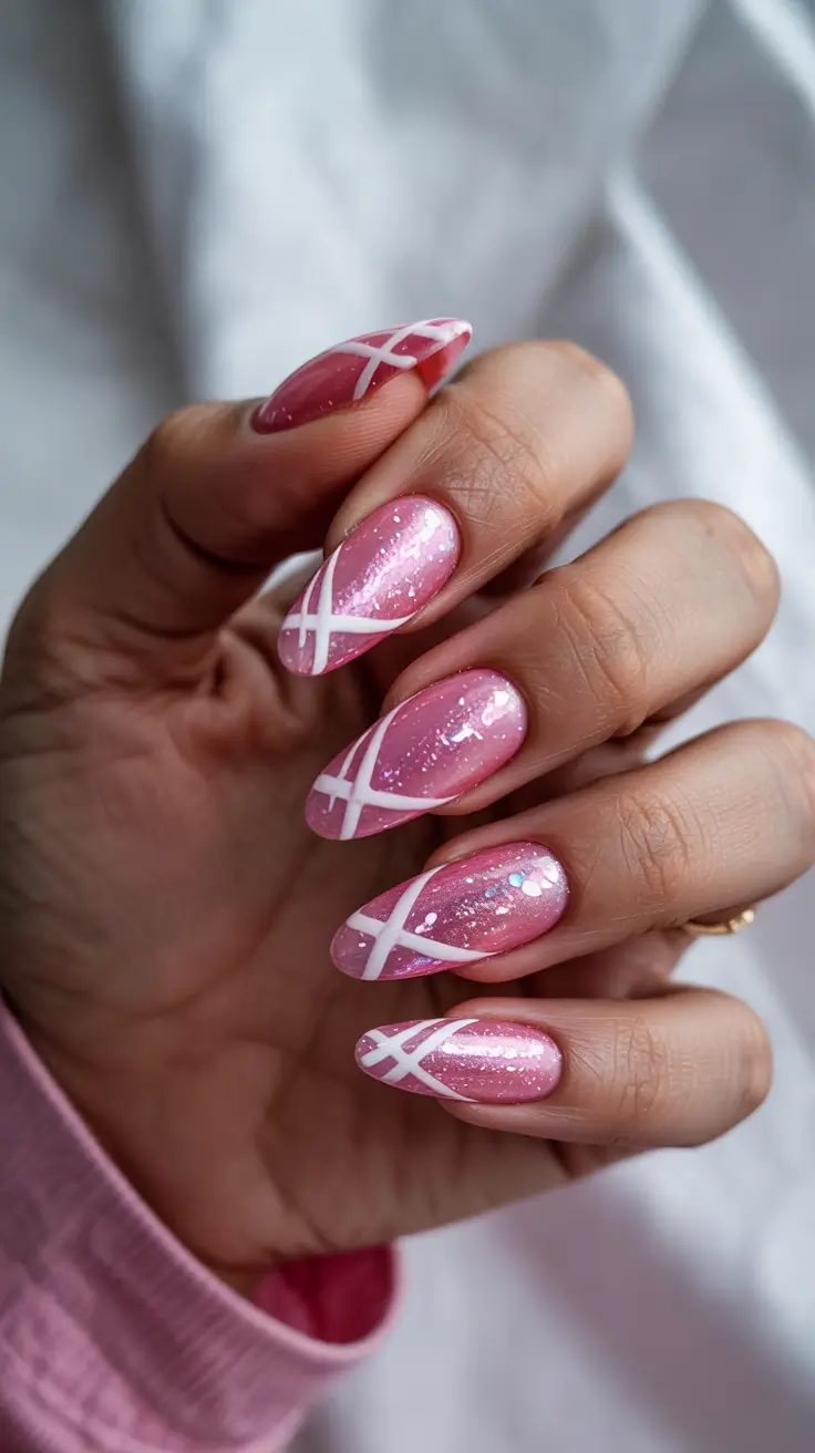 Cute Pink Christmas Nails 2025 - Ribbon-Wrapped Pink Sparkle Almonds
