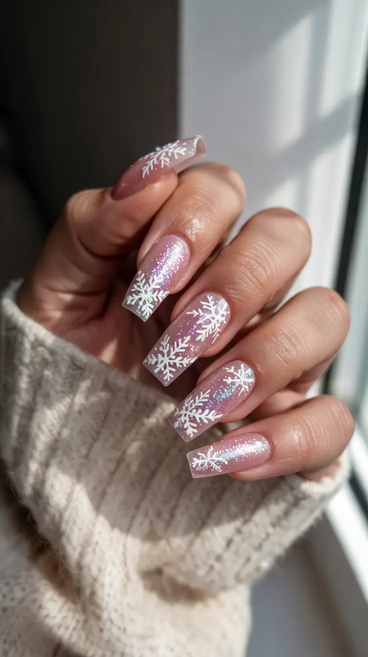 Cute Pink Christmas Nails 2025 - Icy Square Snowflake Tips With Pink Glow