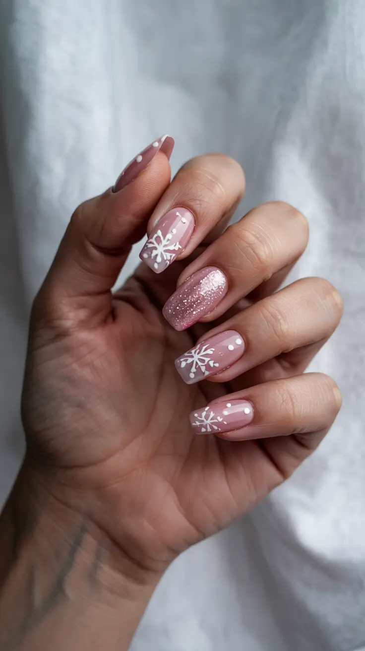 Cute Pink Christmas Nails 2025 - Soft Pink Snow-Dot Mix With Glitter Accent