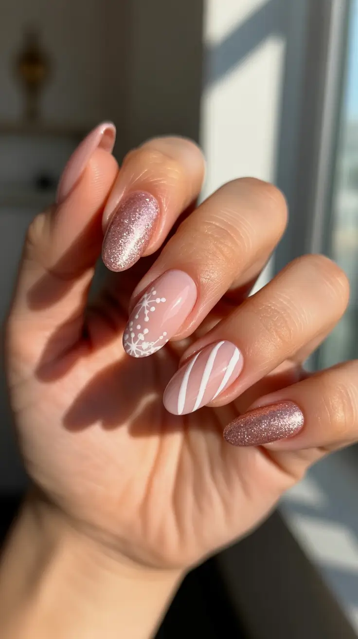 Cute Pink Christmas Nails 2025 - Rose-Gold Sugar With Candy Stripes