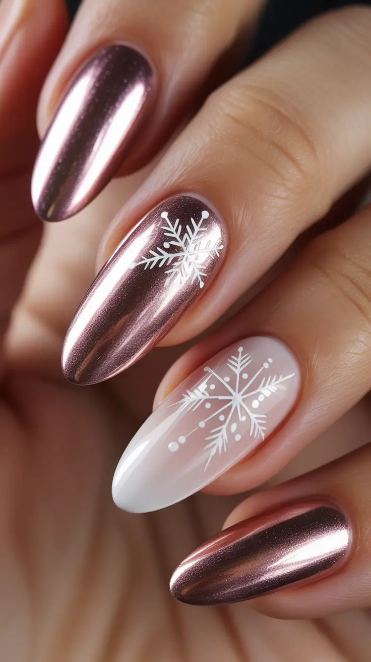 Cute Pink Christmas Nails 2025 - Mirror-Chrome Almonds With Delicate Flakes