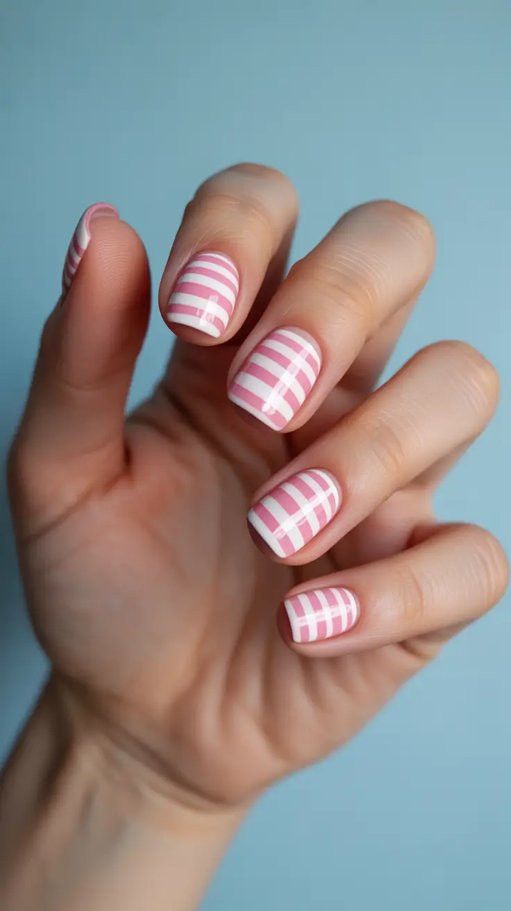 Cute Pink Christmas Nails 2025 - Candy-Stripe Plaid On Short Squares