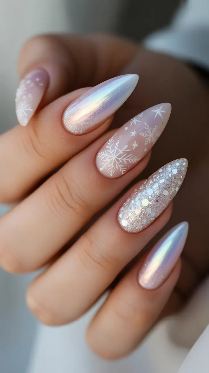 Cute Pink Christmas Nails 2025 - Iridescent Snowfall Almonds