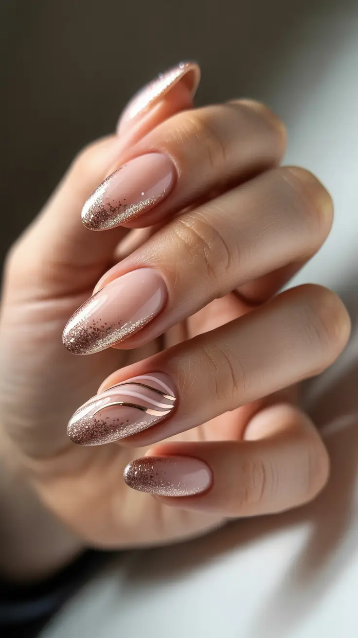 Cute Pink Christmas Nails 2025 - Rose-Gold Dust French With Ribbon Swirl