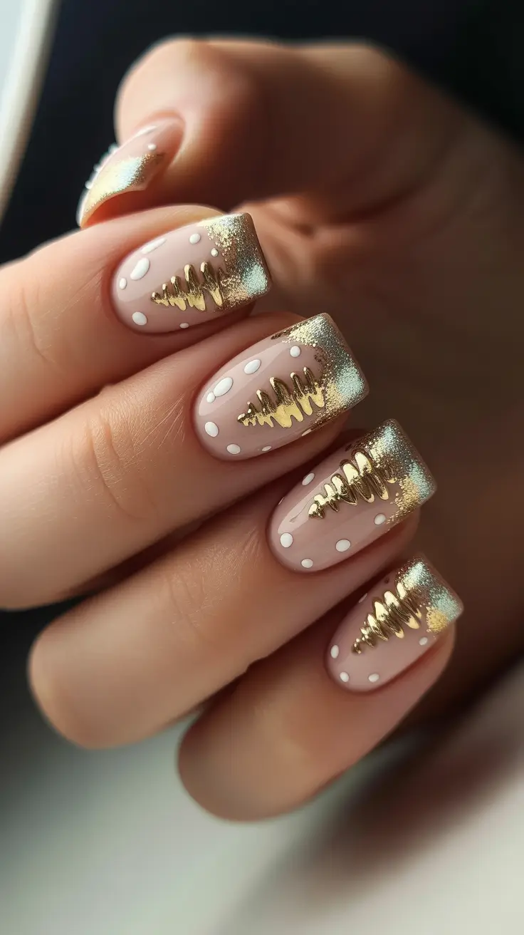 Cute Pink Christmas Nails 2025 - Gold Tree French With Snow Dots