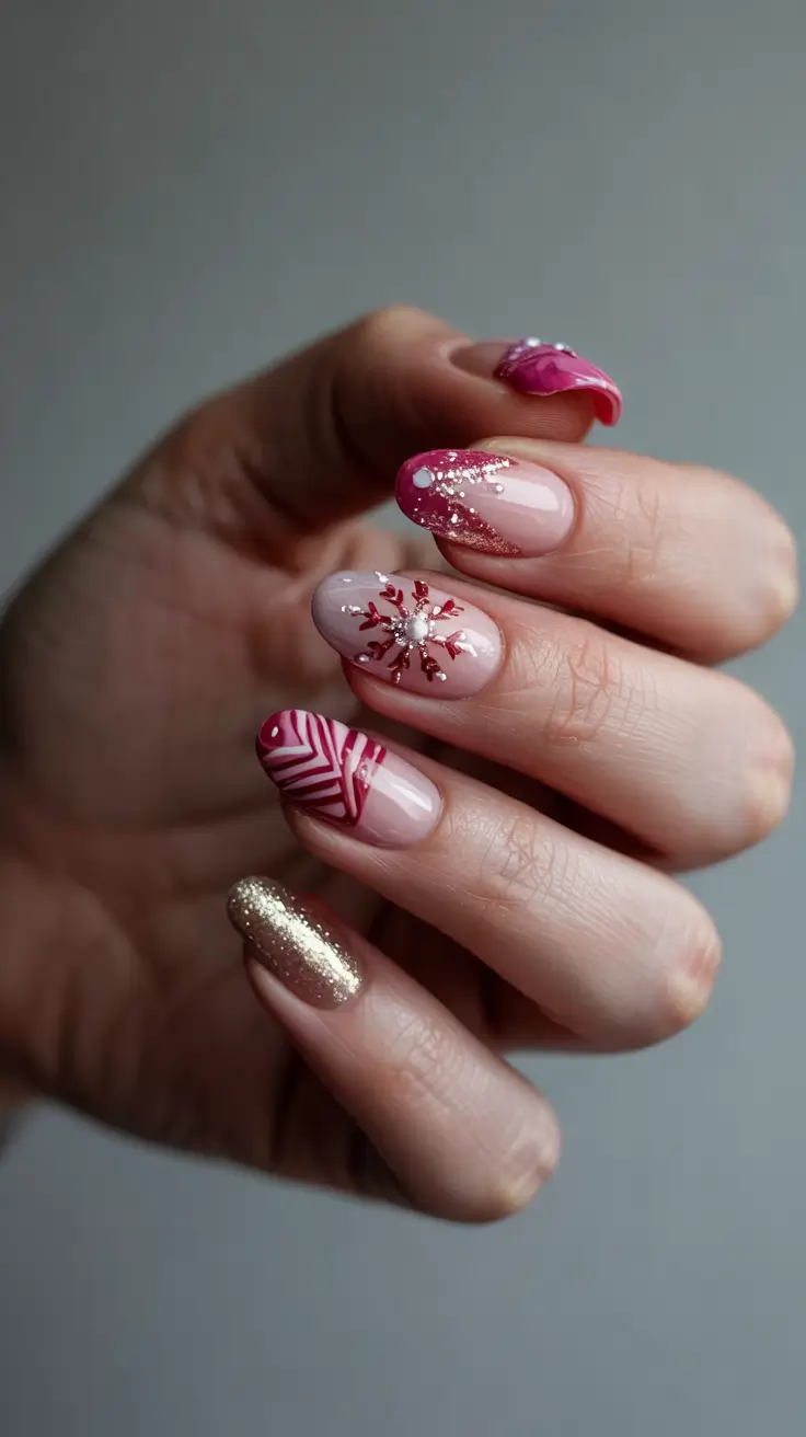 Cute Pink Christmas Nails 2025 - Glistening Pink Mix With Snowflake Gem Center