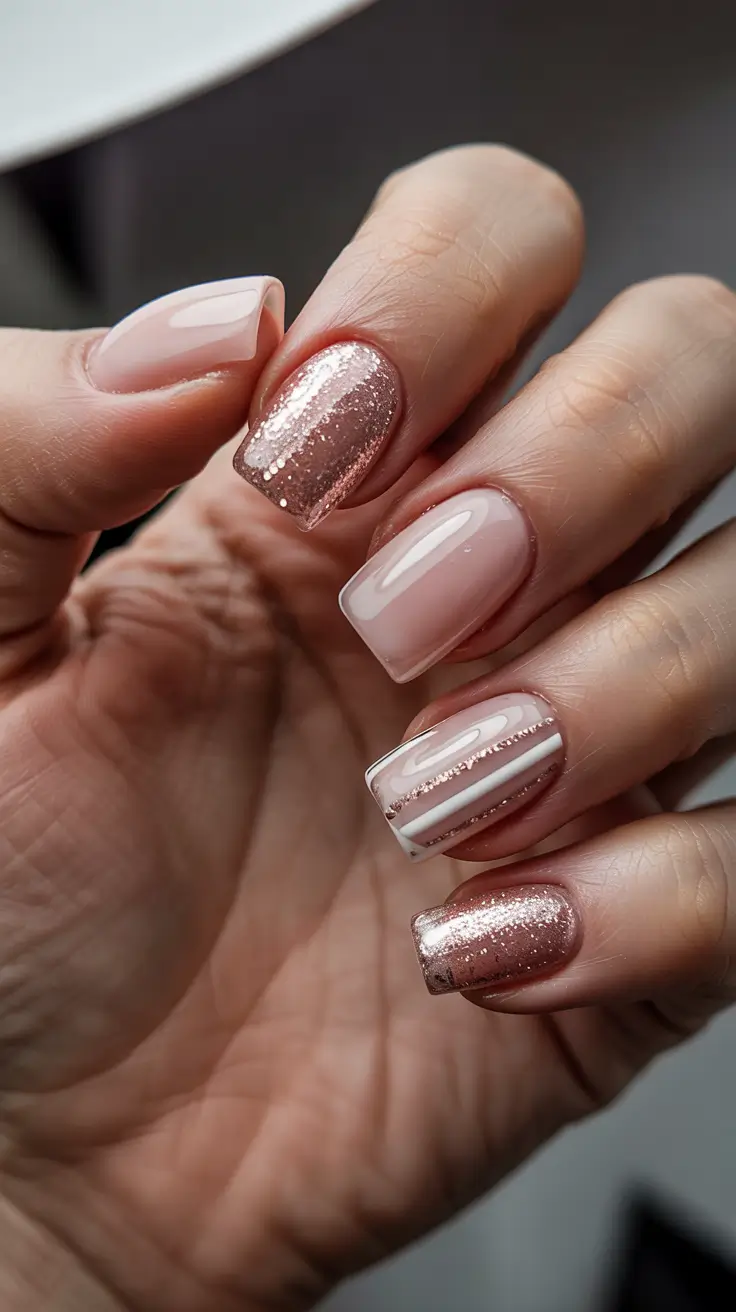 Cute Pink Christmas Nails 2025 - Rose-Gold Mix-and-Match Squares