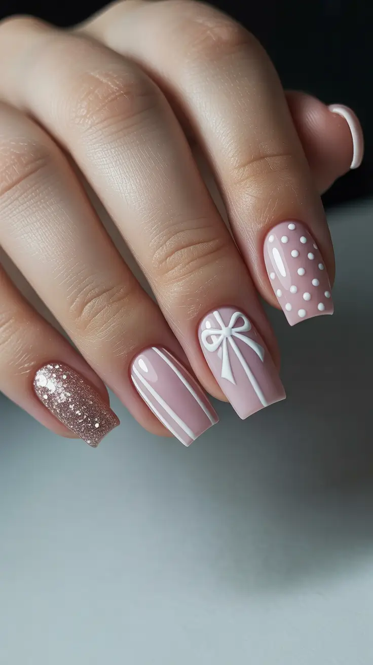 Cute Pink Christmas Nails 2025 - Gift-Wrap Bow And Party Dots