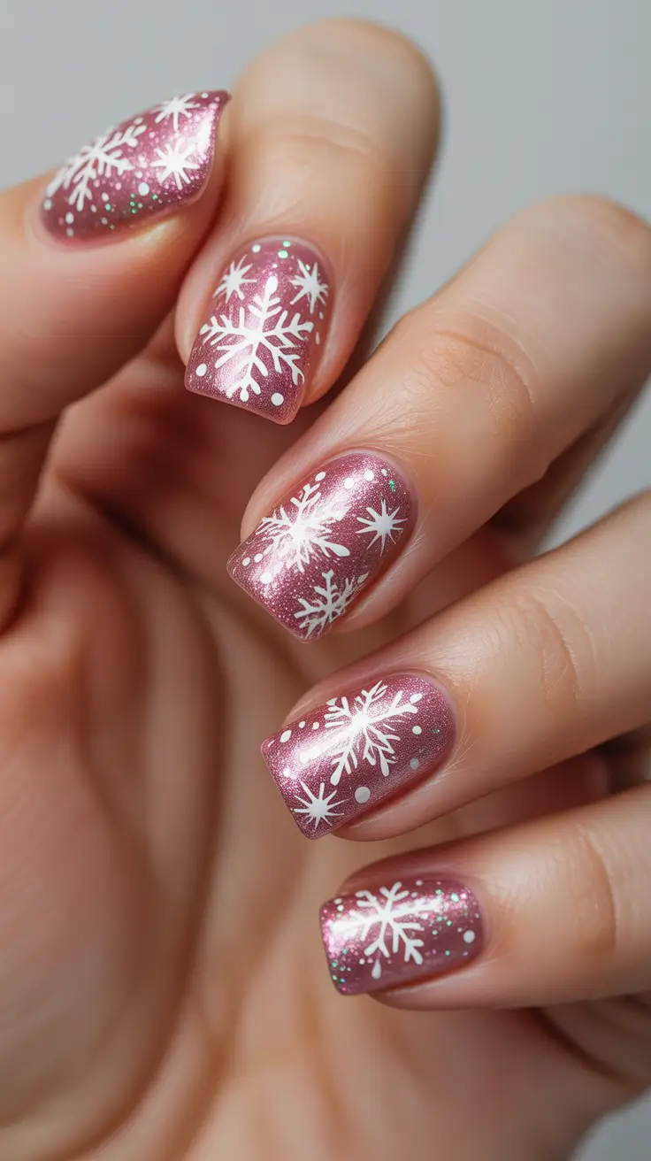 Cute Pink Christmas Nails 2025 - Short Square Frost With White Snowflakes