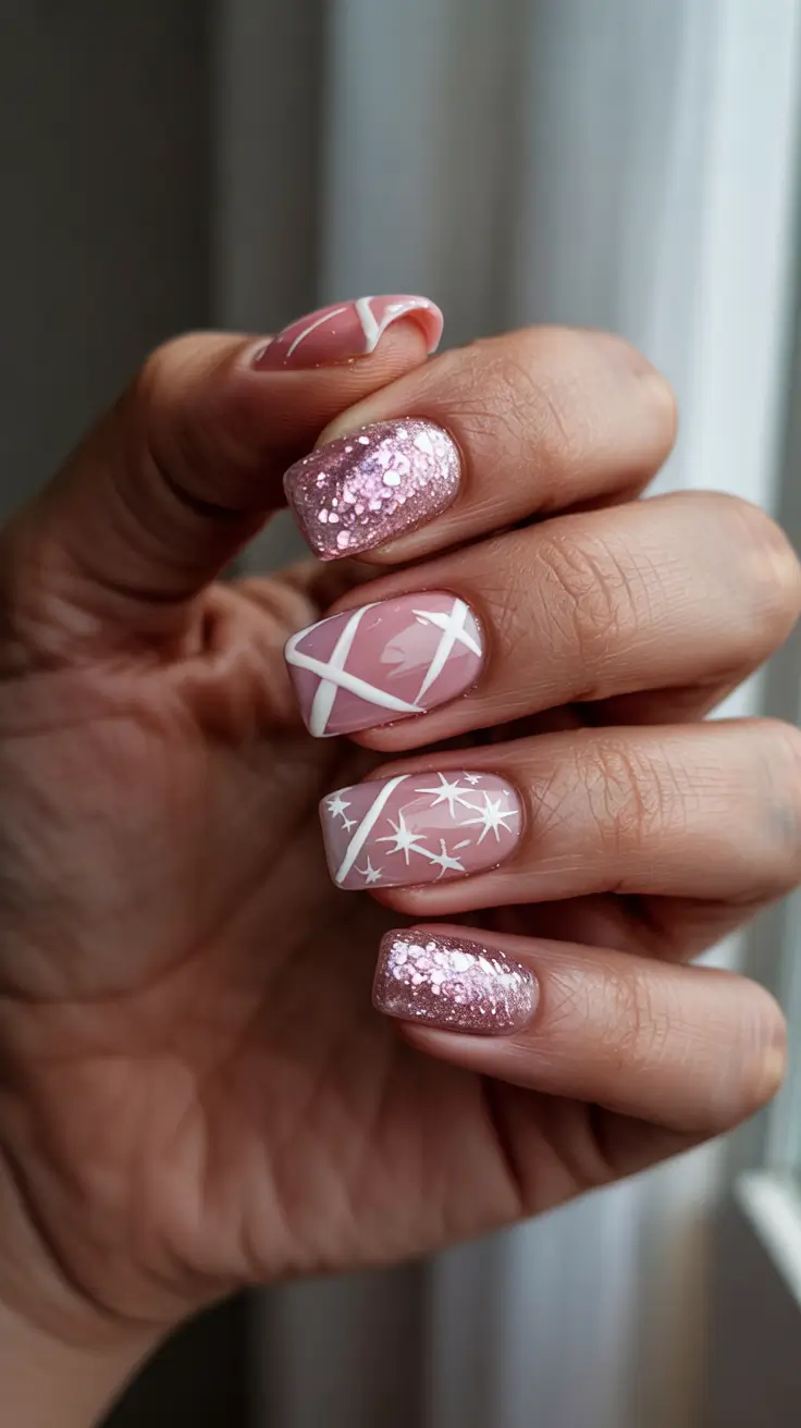 Cute Pink Christmas Nails 2025 - Pink Glitter Squares With Ribbon-Bow Lines