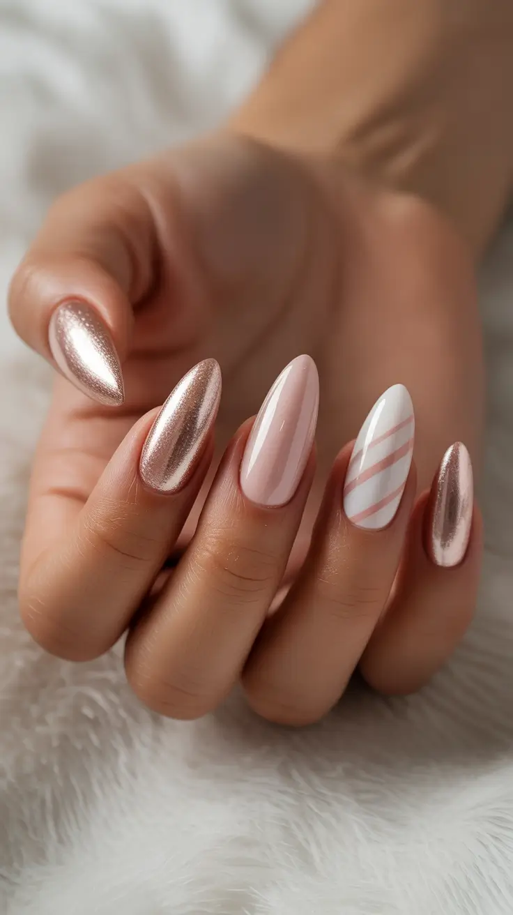 Cute Pink Christmas Nails 2025 - Rose-Gold Almond Shine With Candy Cane Accent