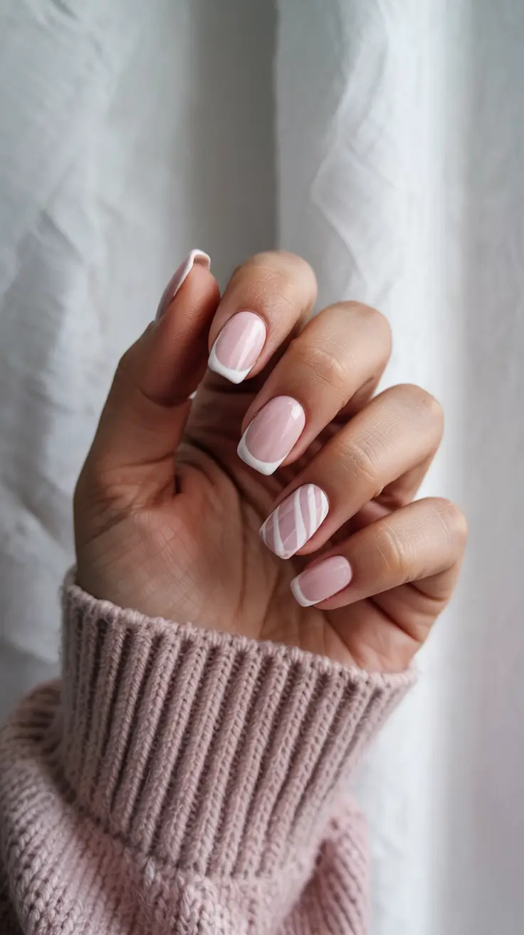 Cute Pink Christmas Nails 2025 - Short Pink French With Soft Candy Stripes