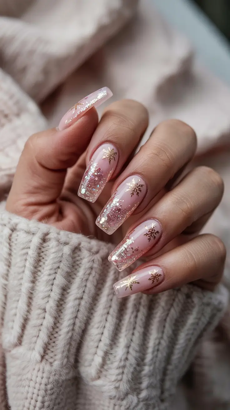 Cute Pink Christmas Nails 2025 - Coffin Glitter Fade With Gold Snowflakes