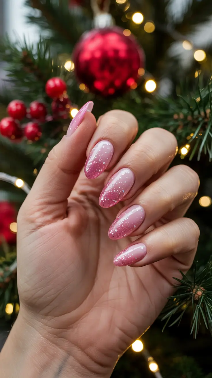 Cute Pink Christmas Nails 2025 - Sugar-Plum Pink Glitter Ombre
