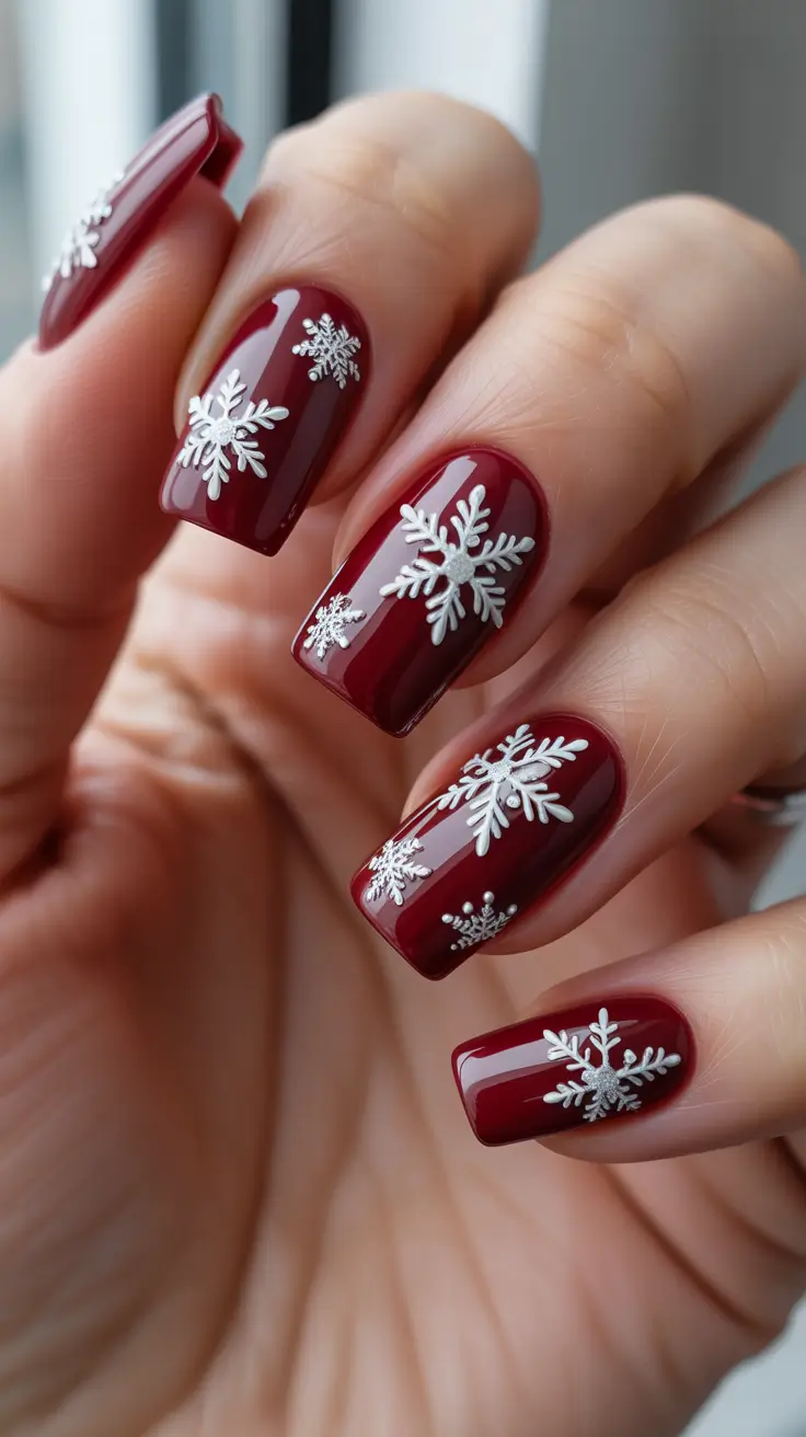 Best Red Nails Christmas 2025 - Snowflakes on Glossy Cherry Squares