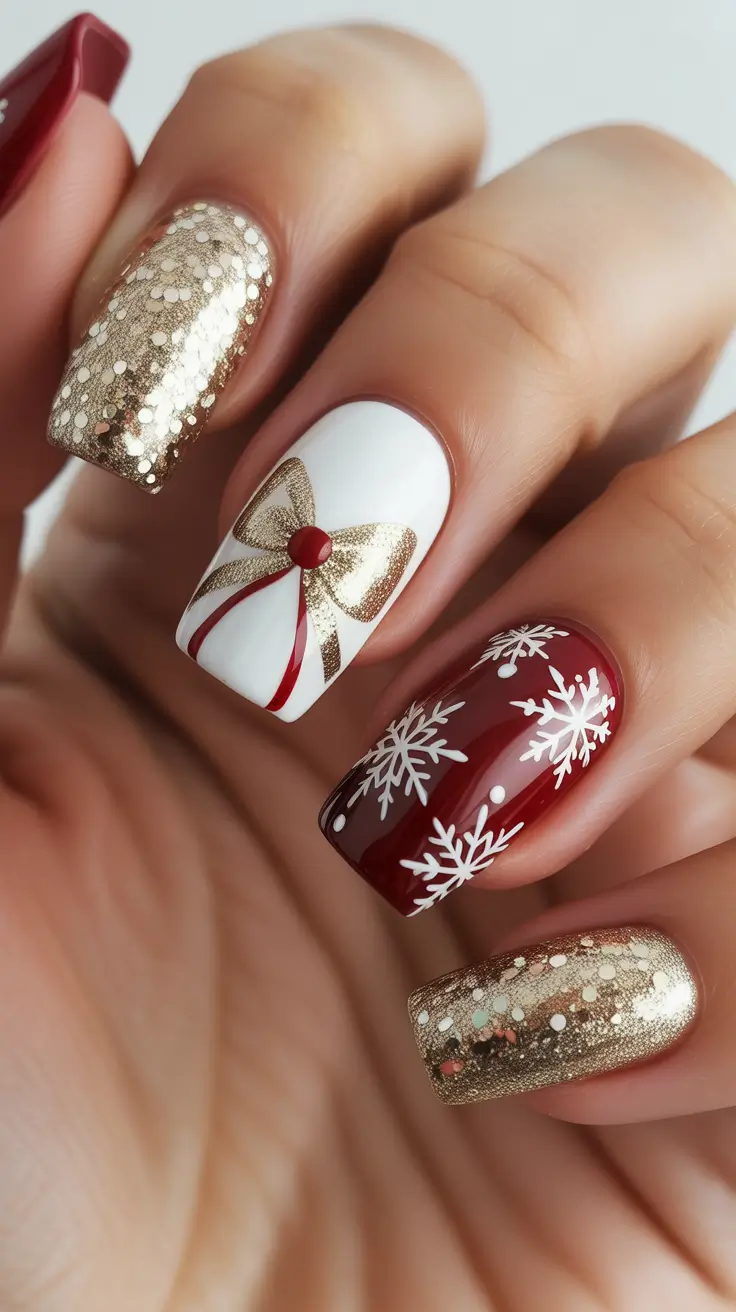 Best Red Nails Christmas 2025 - Gilded Gift Set - Bow, Snowflakes, and Party Shine