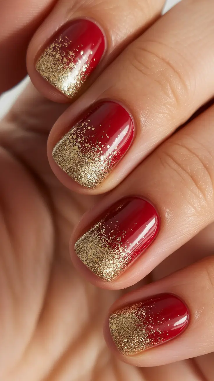 Best Red Nails Christmas 2025 - Short Red With Golden Dip - Easy Party Gradient