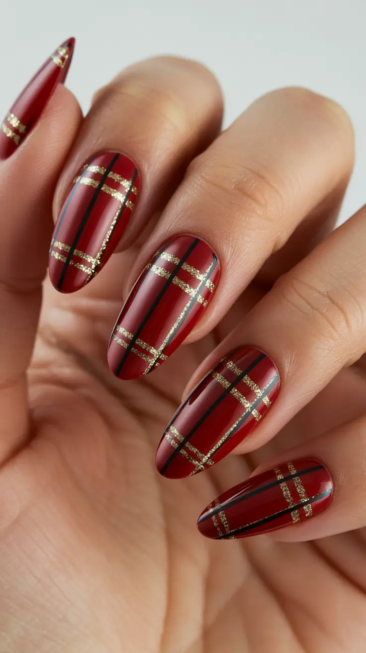 Best Red Nails Christmas 2025 - Tartan Lines - Red Almond With Gold and Black