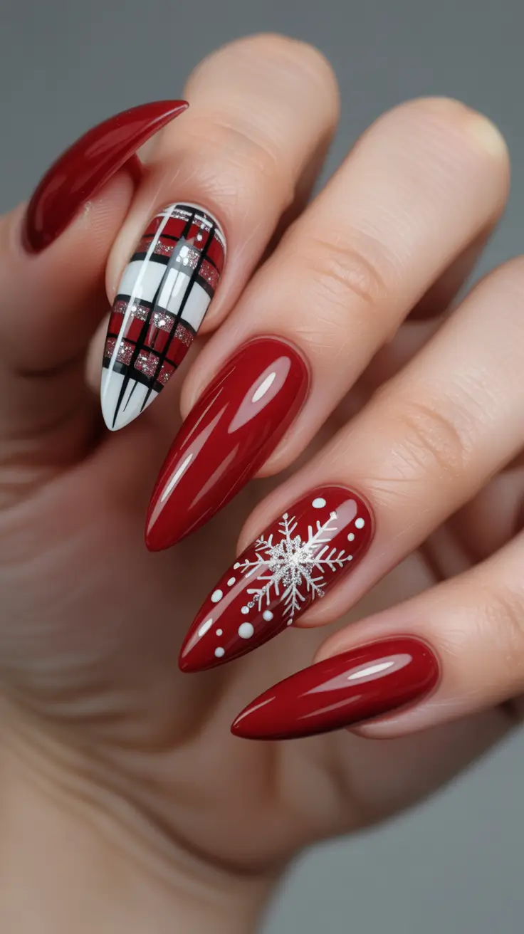 Best Red Nails Christmas 2025 - Holiday Mix - Plaid Accent and Snowflake Shine
