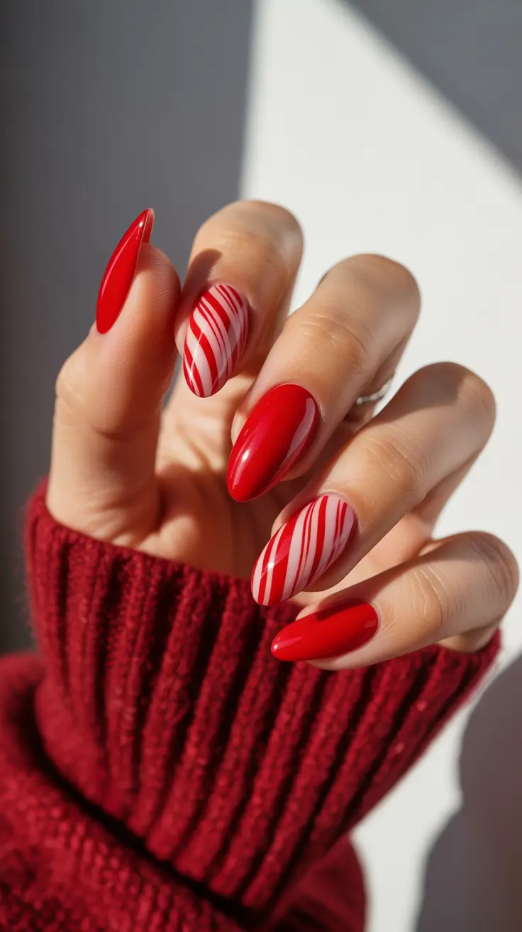 Best Red Nails Christmas 2025 - Almond Peppermint Stripes, Glossy Party Reds