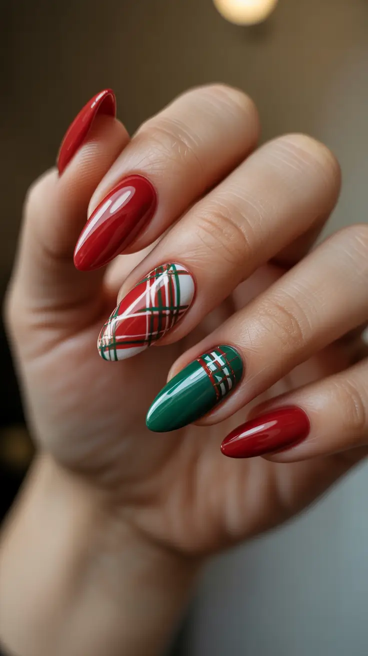 Best Red Nails Christmas 2025 - Heritage Tartan Mix in Red, Green, and Gold