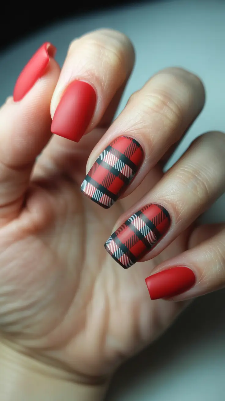 Best Red Nails Christmas 2025 - Matte Buffalo Check on Chic Squares