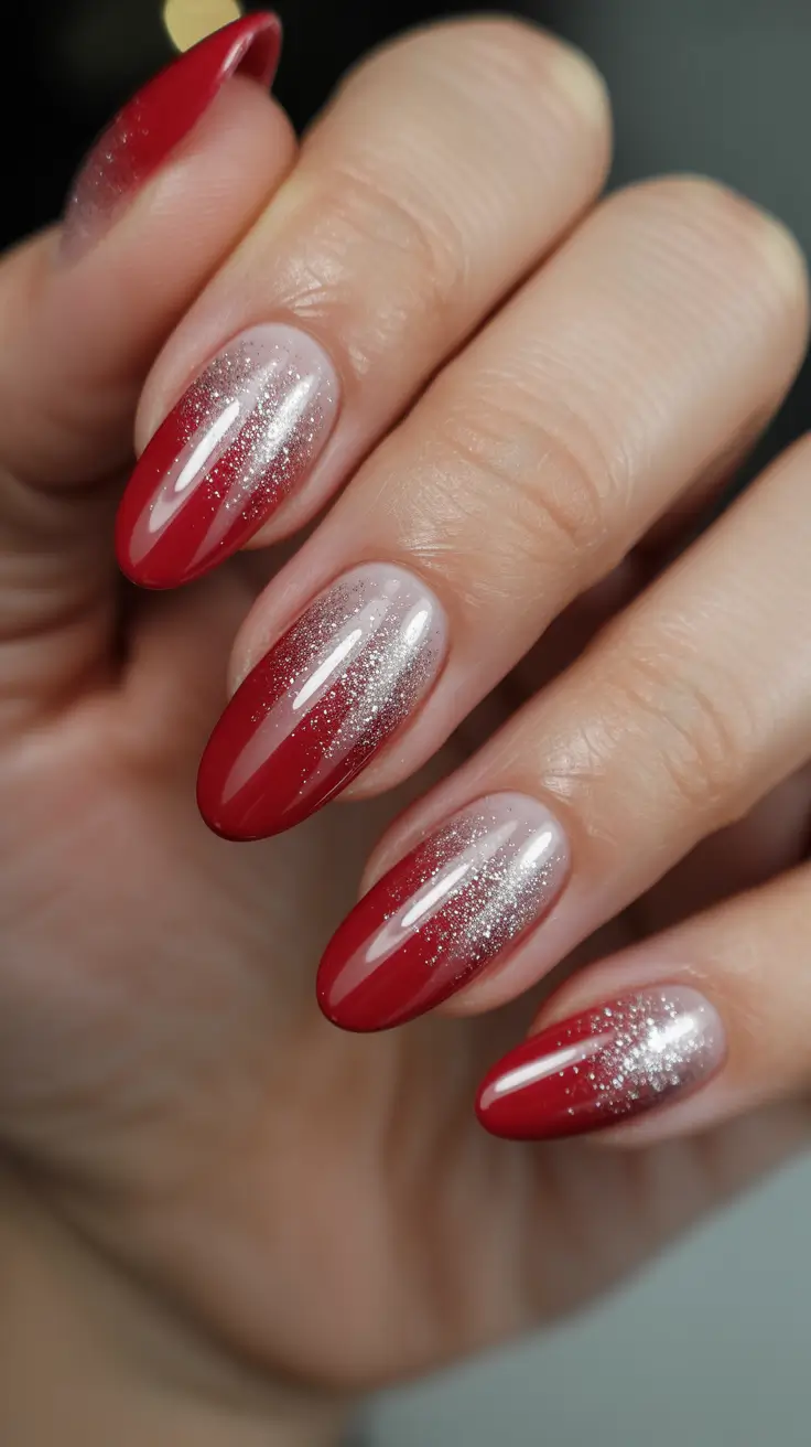 Best Red Nails Christmas 2025 - Silver-Dusted Ombre on Red Ovals