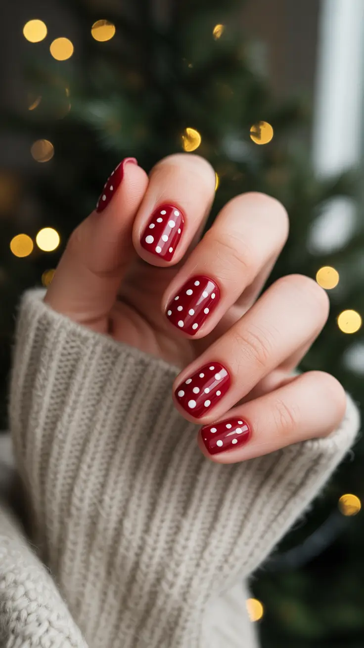 Best Red Nails Christmas 2025 - Cherry Dot Snowfall on Short Squovals