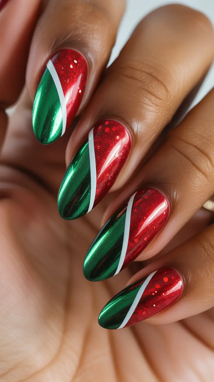 Best Red Nails Christmas 2025 - Candy-Ribbon Swirls in Green and Ruby