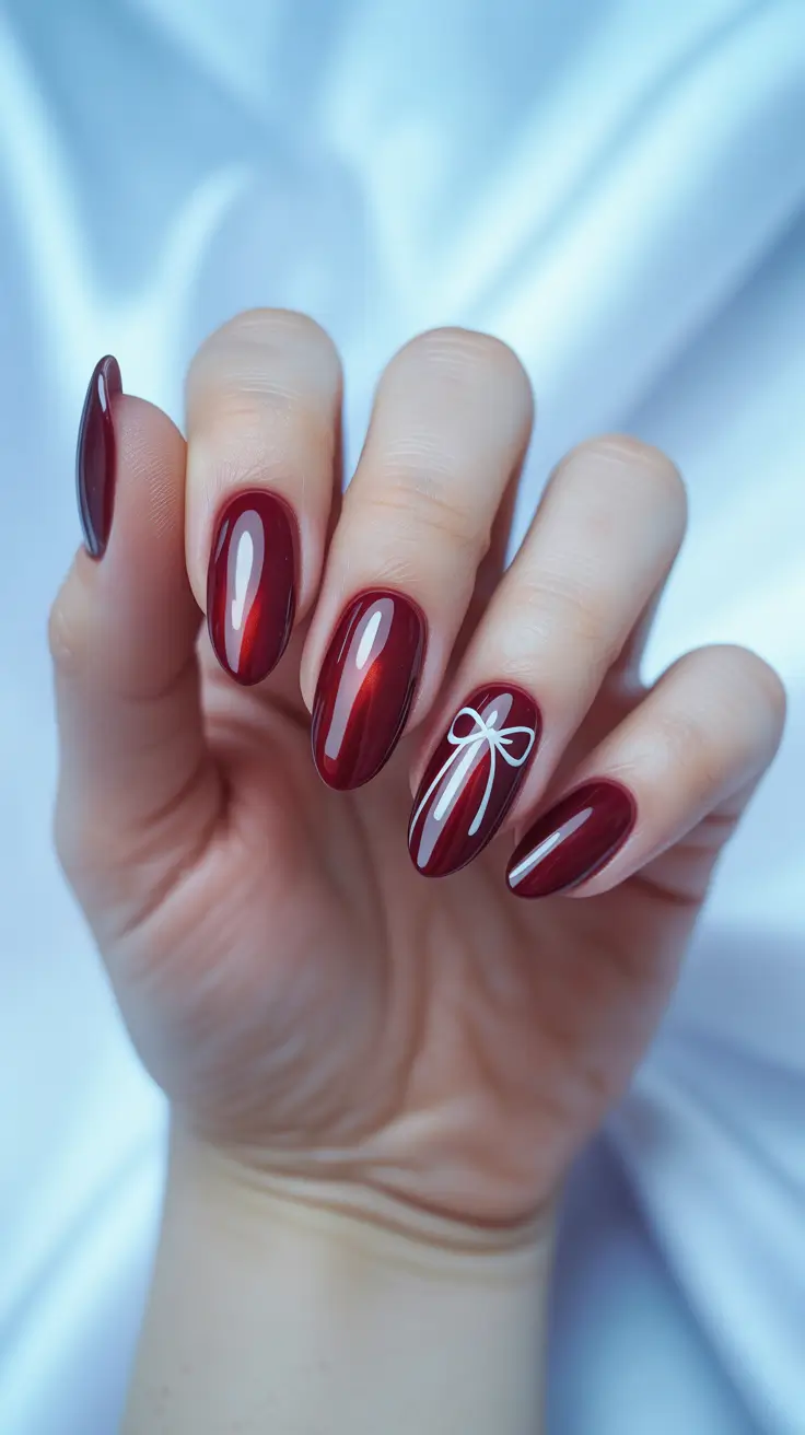 Best Red Nails Christmas 2025 - Velvet Cat-Eye with Minimal Bow Accent