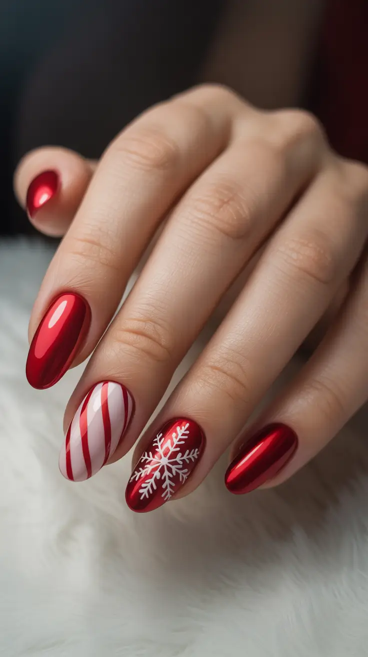 Best Red Nails Christmas 2025 - Peppermint Stripe & Snowflake Duo