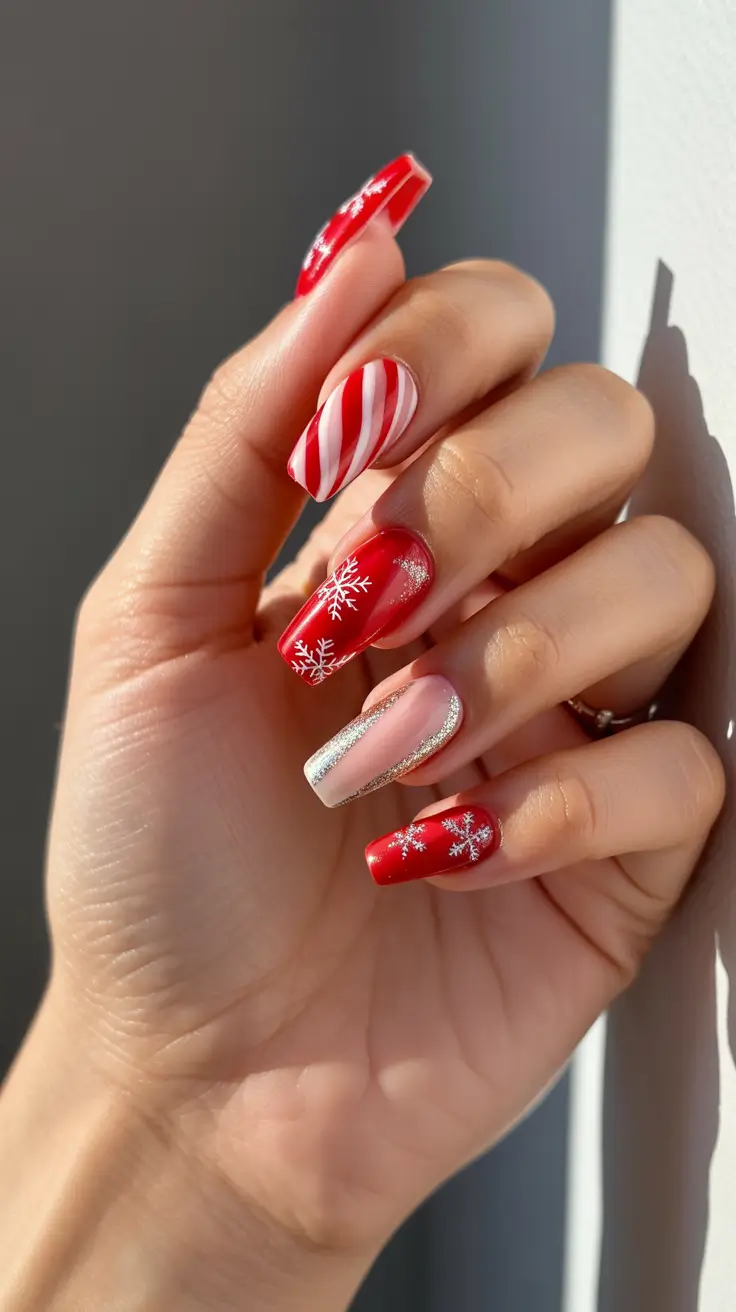 Trendy Red Nails Winter 2025-2026 - Candy Cane Ribbons and Snowflake Sparkle