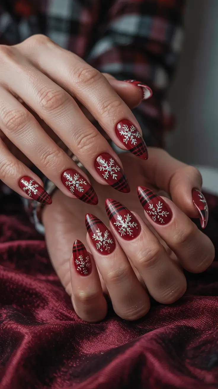 Trendy Red Nails Winter 2025-2026 - Deep Red Plaid With Crystal Snowflakes