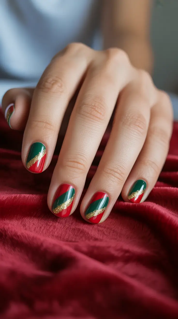 Trendy Red Nails Winter 2025-2026 - Velvet Ribbon Diagonals With Gold Swoosh