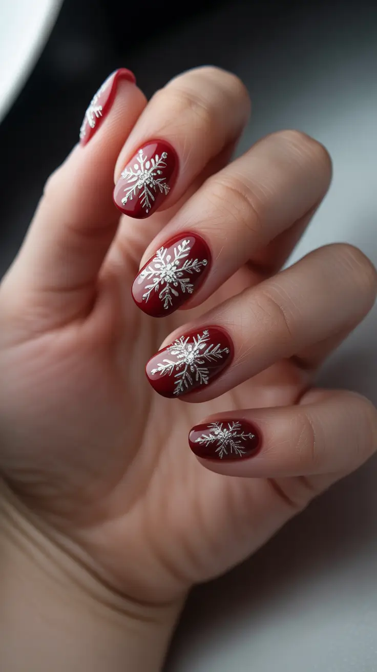 Trendy Red Nails Winter 2025-2026 - Mulled Wine Almond With Silver Snowflakes