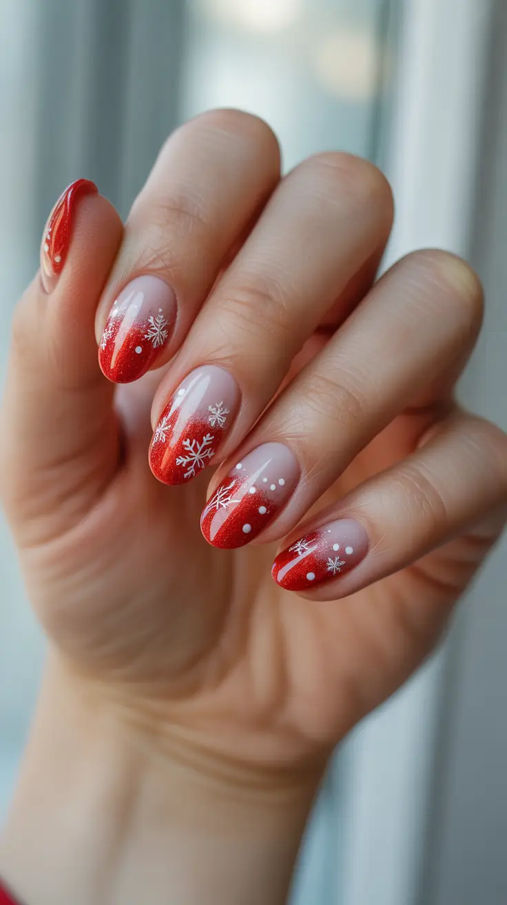 Trendy Red Nails Winter 2025-2026 - Candy-Red Drifts On Sheer With Falling Snow