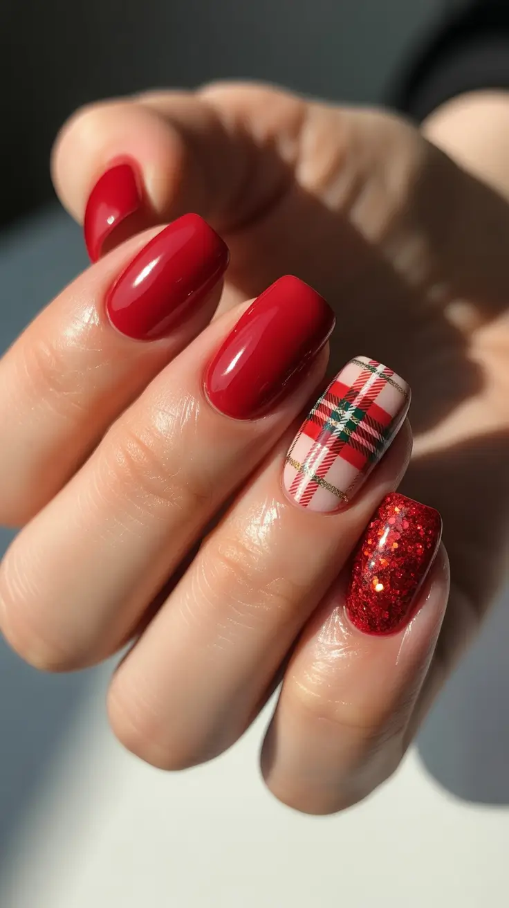Trendy Red Nails Winter 2025-2026 - Classic Plaid Accent On Square Reds