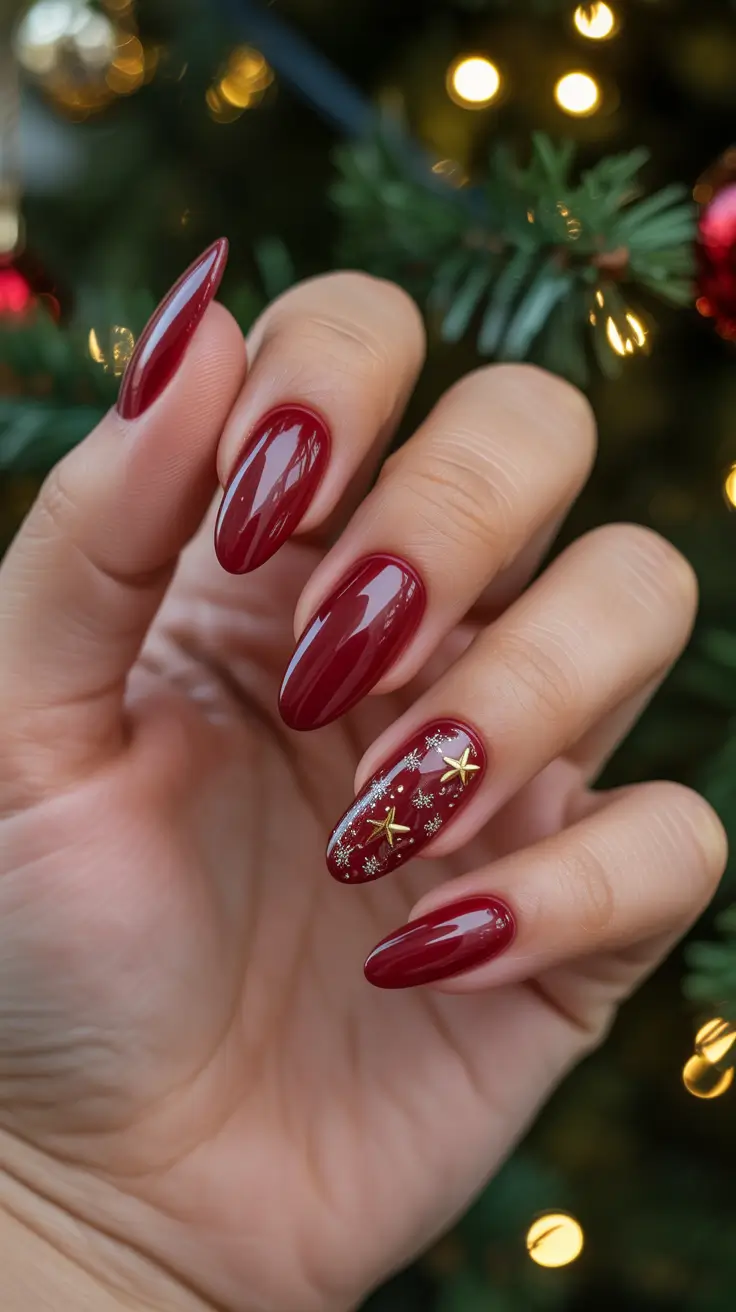 Trendy Red Nails Winter 2025-2026 - Burgundy Glass With Star Charms And Frost