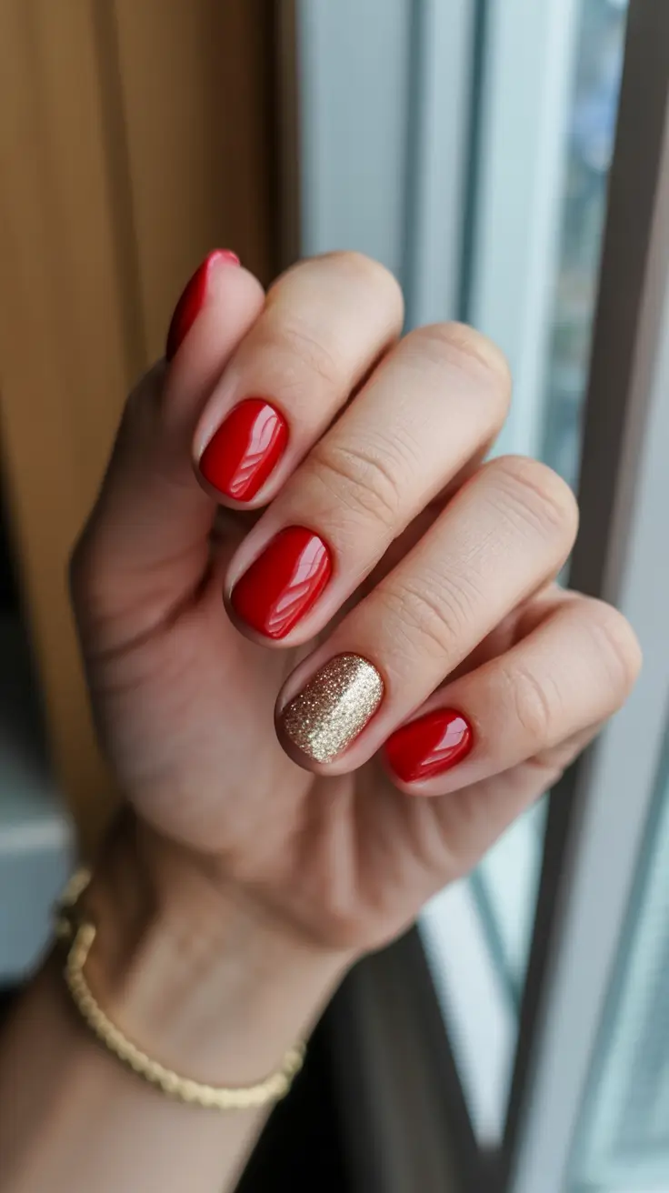 Trendy Red Nails Winter 2025-2026 - Classic Short Red With Champagne Accent