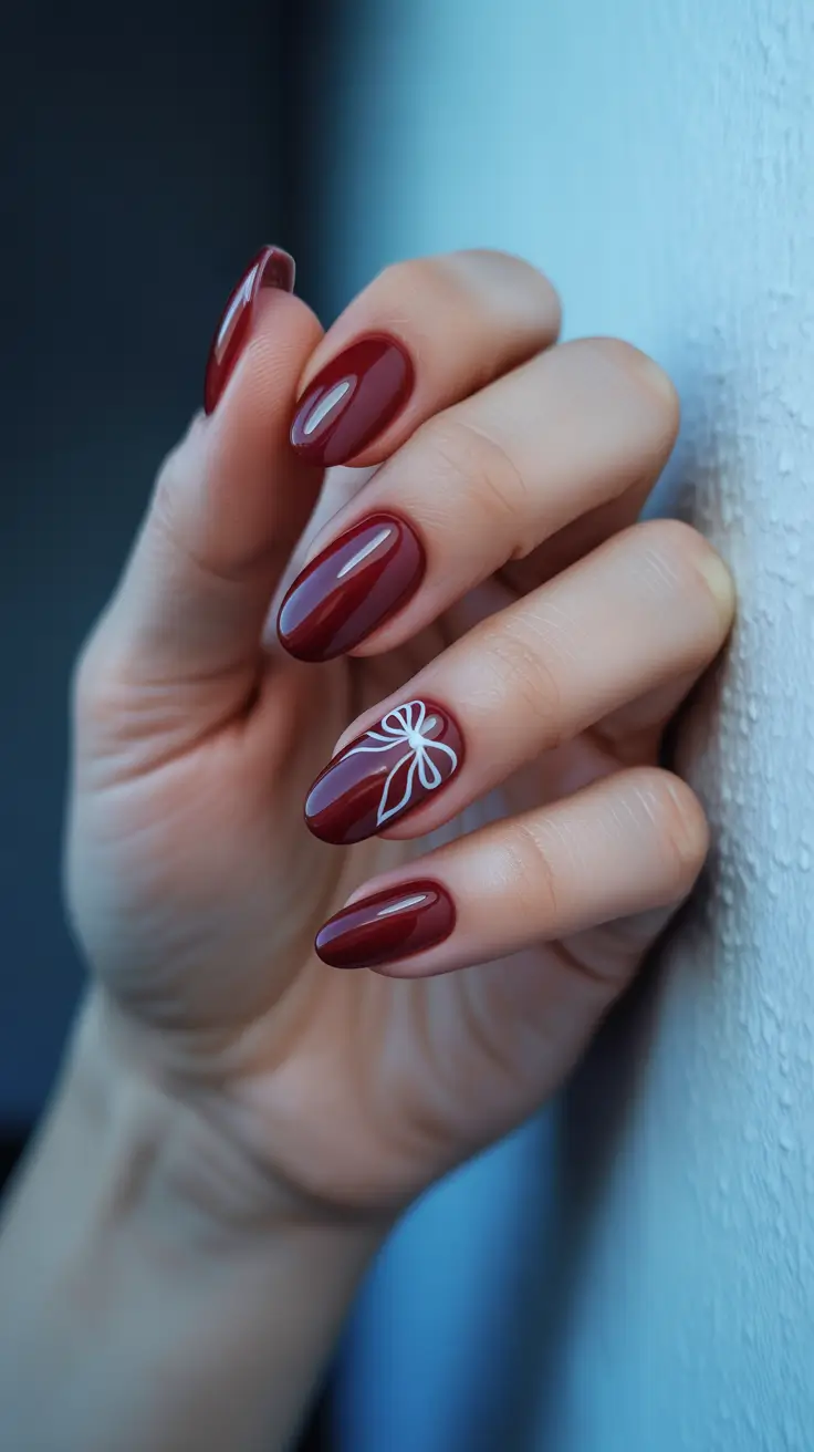 Trendy Red Nails Winter 2025-2026 - Mulled-Cherry Almond With Ribbon Line