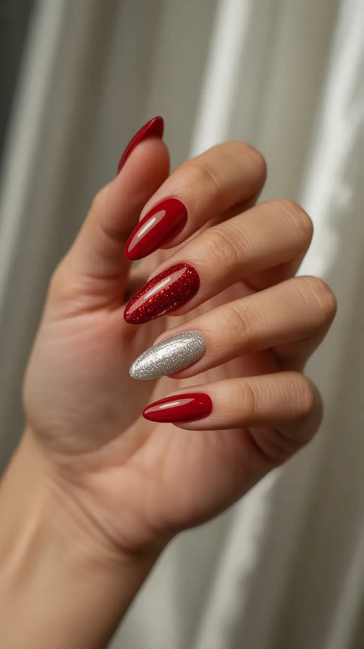 Trendy Red Nails Winter 2025-2026 - Ruby Gloss With Silver Chrome and Glitter Mix