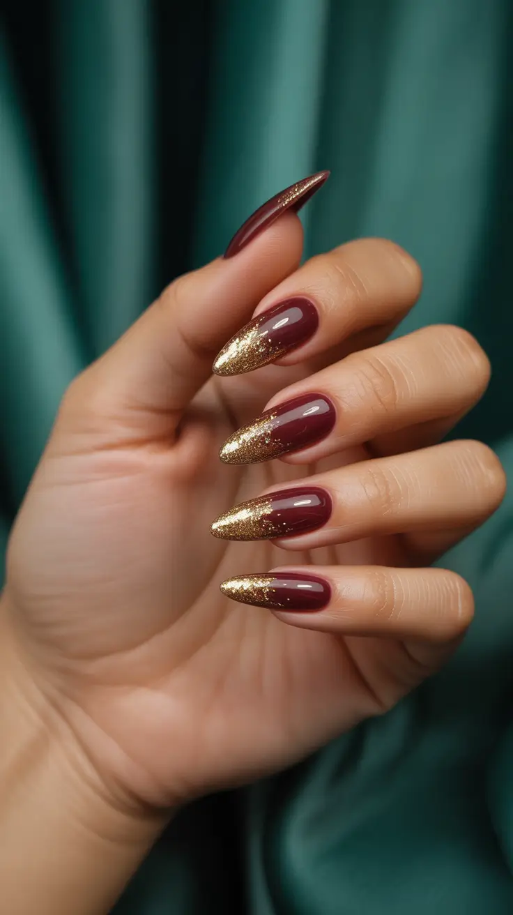 Trendy Red Nails Winter 2025-2026 - Garnet Fade With Golden Frosted Tips
