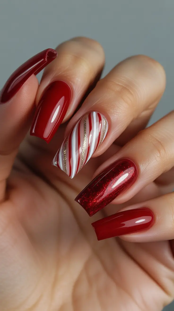 Trendy Red Nails Winter 2025-2026 - Garnet Gloss With Candy-Stripe Accent
