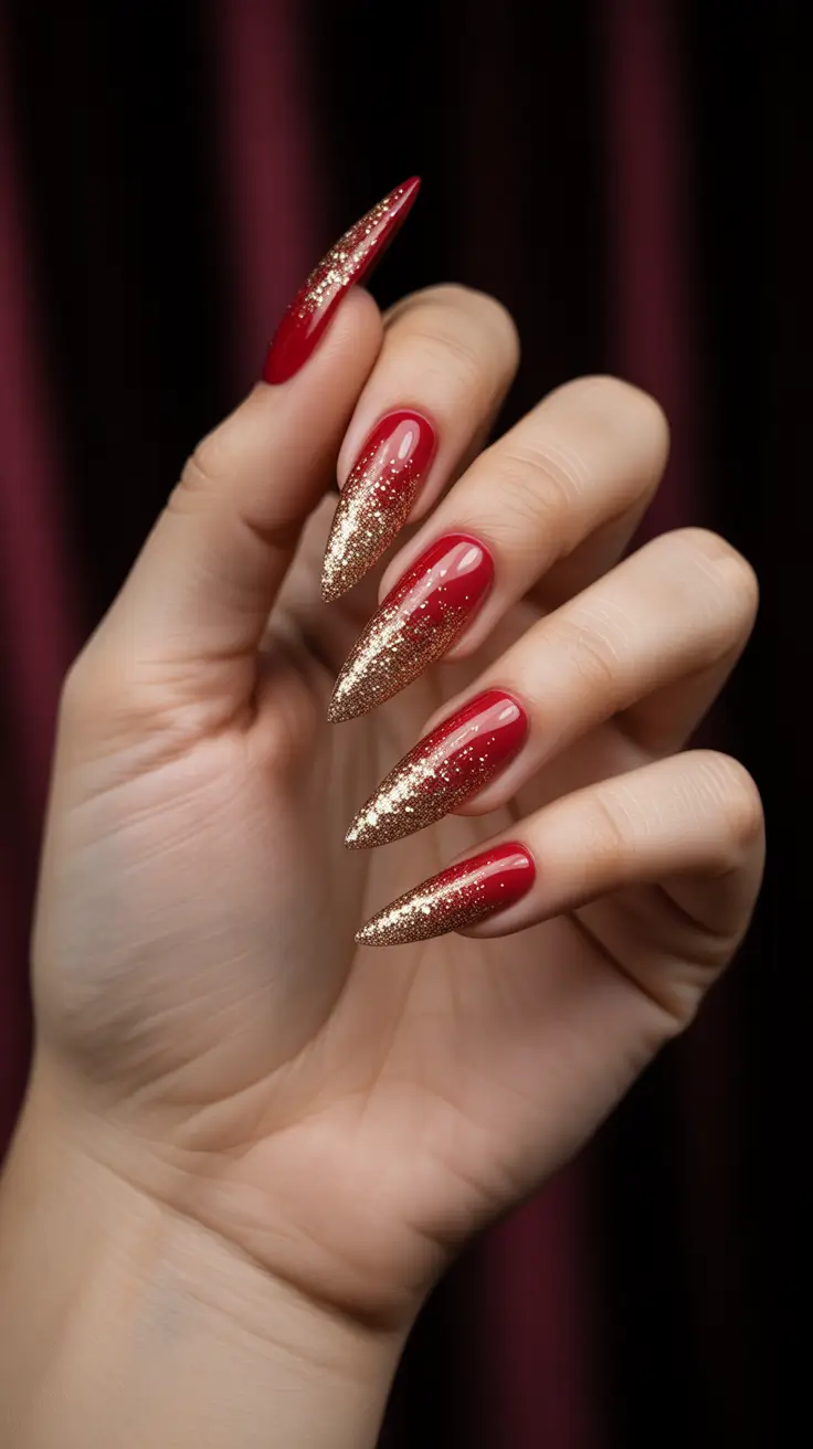 Trendy Red Nails Winter 2025-2026 - Crimson Stiletto With Gold Snowfall Tips