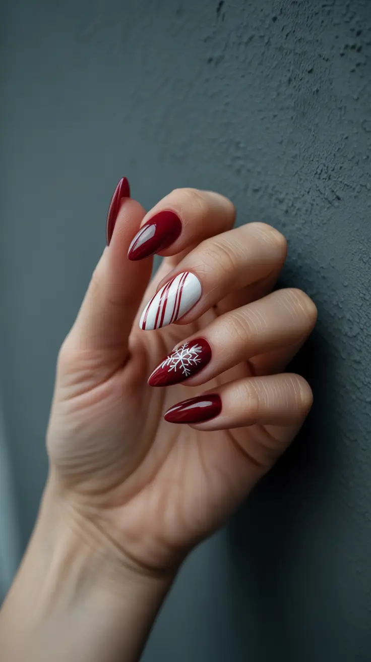 Trendy Red Nails Winter 2025-2026 - Almond Peppermint Lines With Snowflake Accent