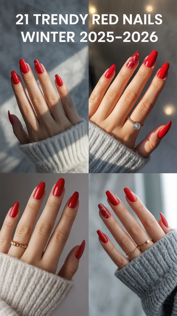 Trendy Red Winter Nails 2025–2026: Chic Almond, Short & Snowflake Ideas